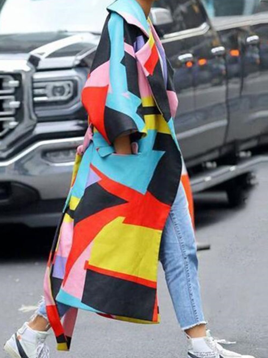 

lovely Trendy Turndown Collar Print Multicolor Long Plus Size Trench Coat, Multi