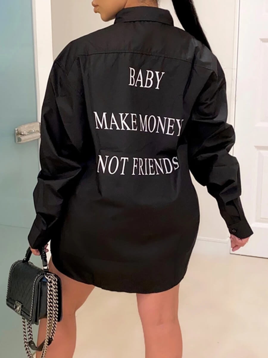 

LW Casual Turndown Collar Letter Print Black Mini Shirt Dress