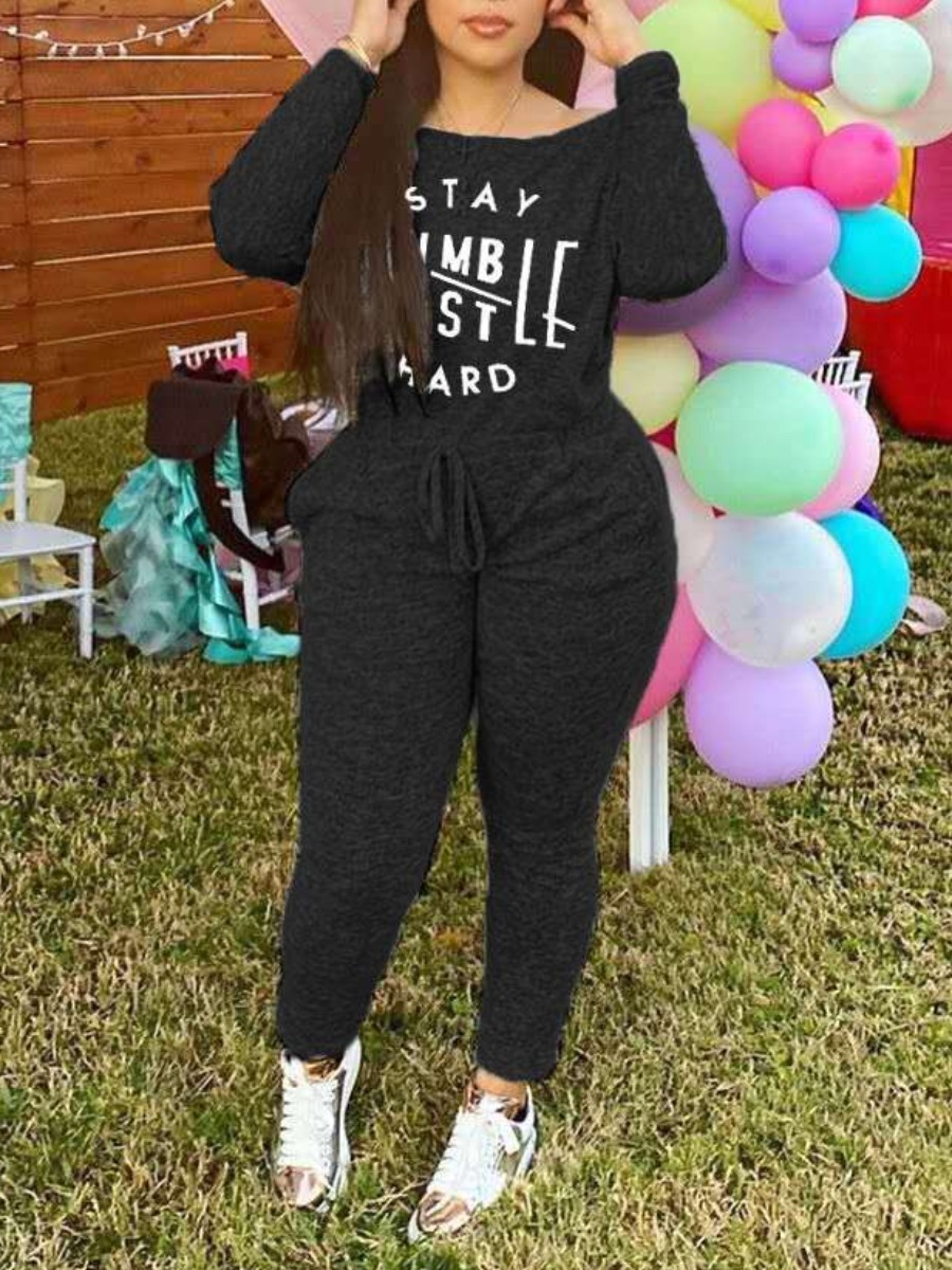 

lovely Sportswear Letter Print Drawstring Black One-piece Jumpsuit