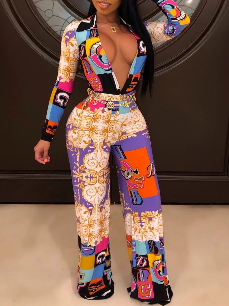 

Lovely Stylish Deep V Neck Versace Print Purple One-piece Jumpsuit