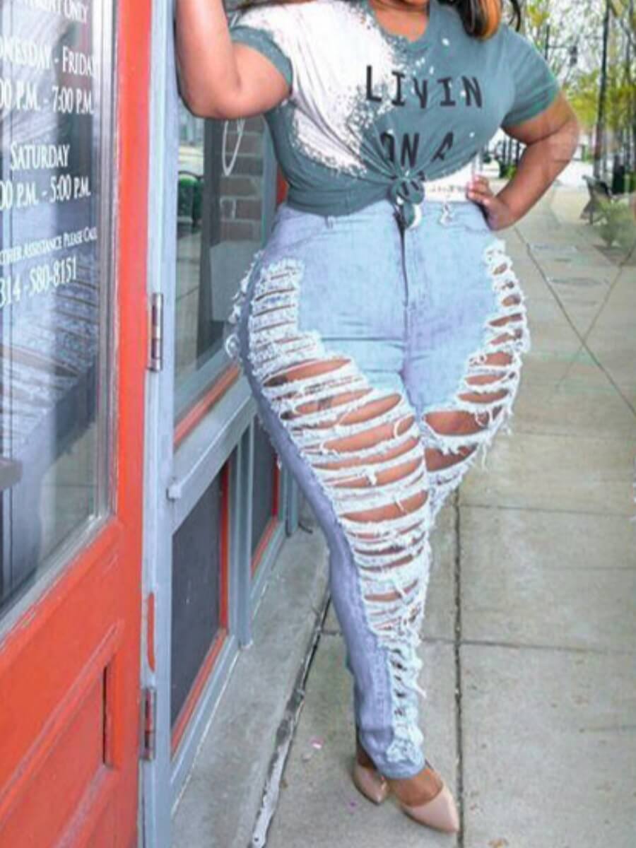 

Lovely Casual Broken Holes Baby Blue Plus Size Jeans