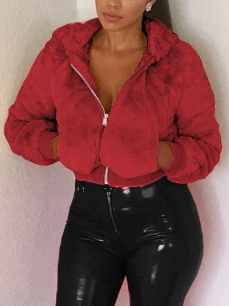 

lovely Stylish Turndown Collar Zipper Design Wine Red Coat