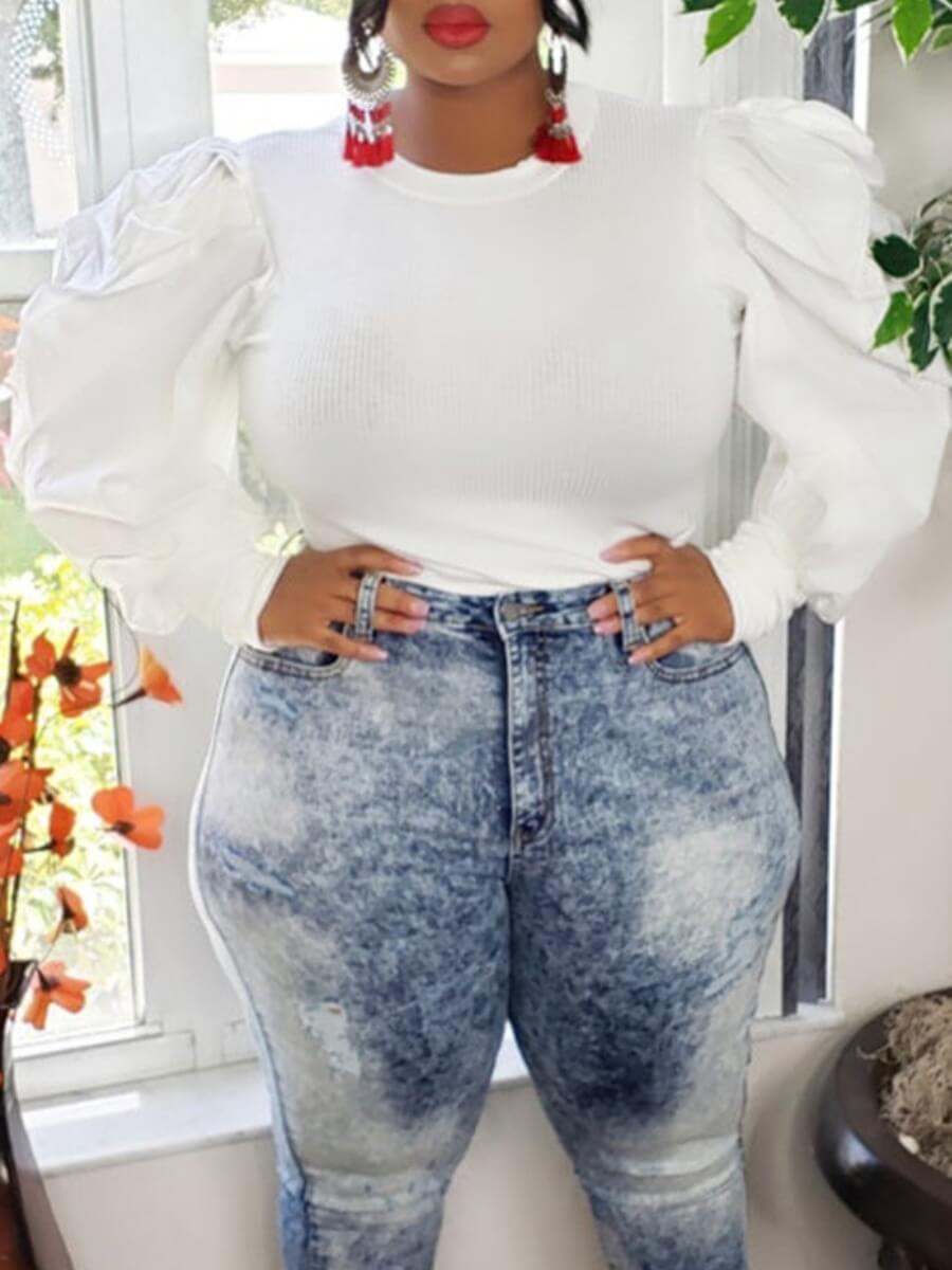

Lovely Plus Size Trendy O Neck Patchwork White Blouse