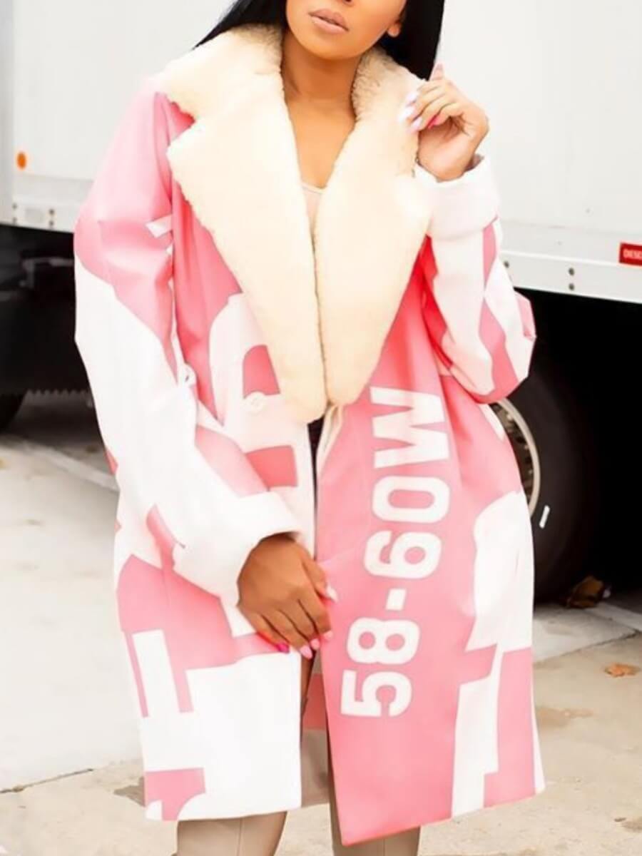 

Lovely Stylish Turndown Collar Print Pink Long Plus Size Coat