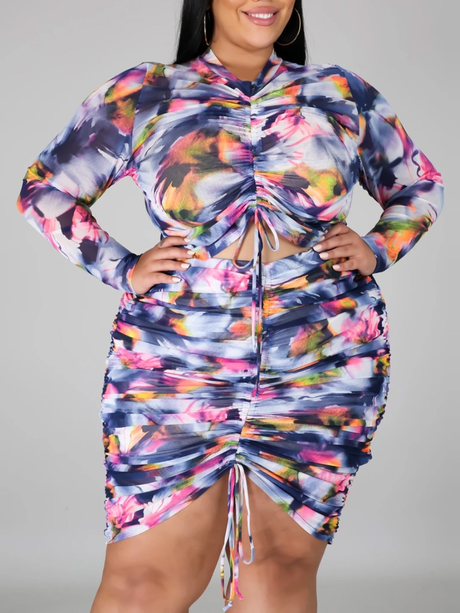 

lovely Trendy Tie-dye Fold Design Multicolor Plus Size Two-piece Skirt Set, Multi