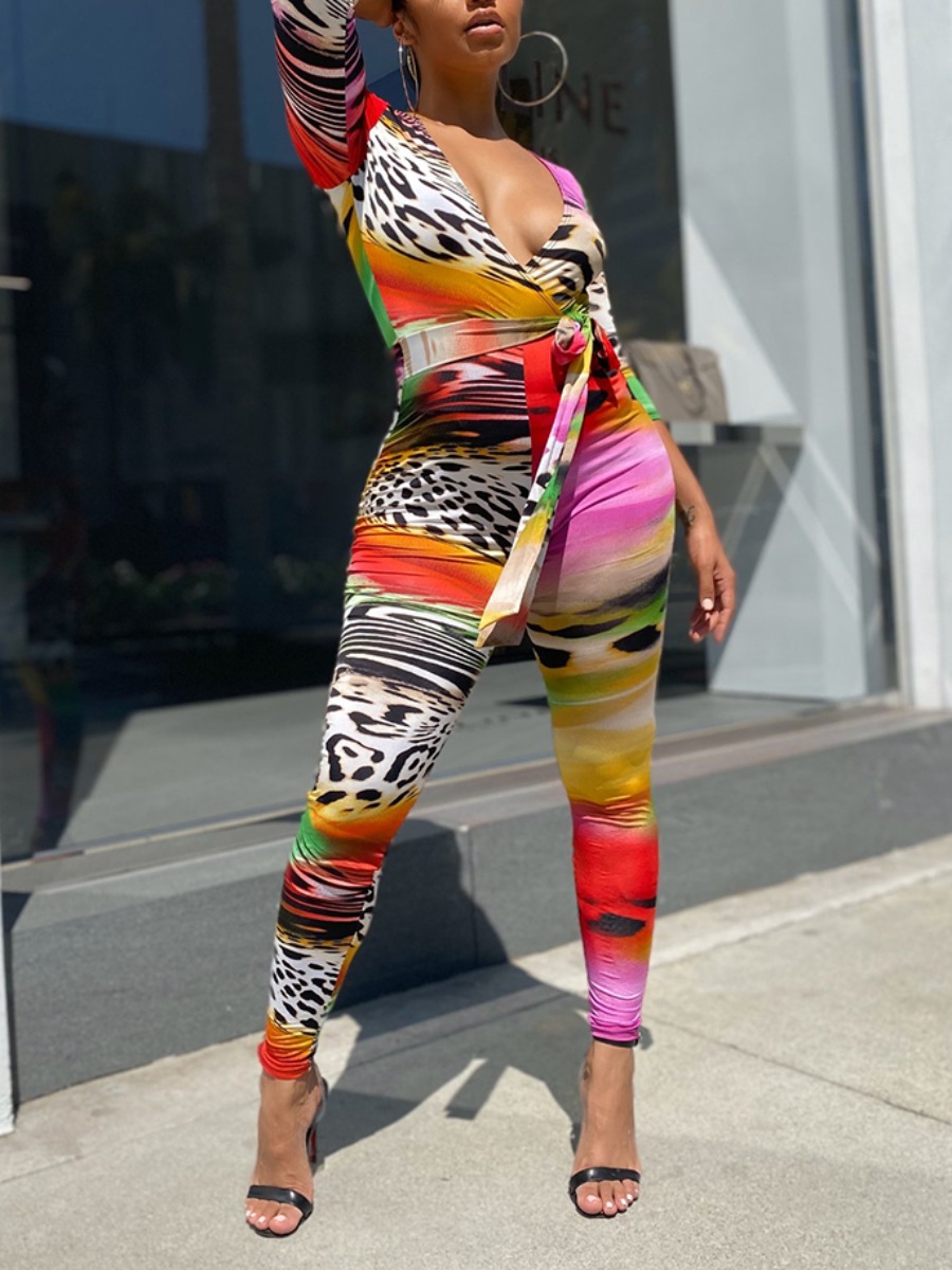 LW V Neck Leopard Print Jumpsuit