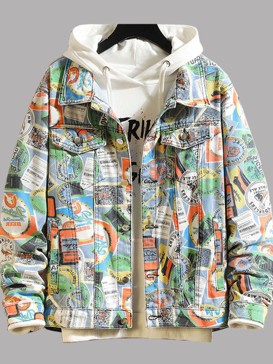 

lovely Street Turndown Collar Graffiti Print Multicolor Men Denim Jacket, Multi