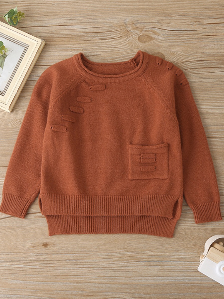 

lovely Leisure O Neck Pocket Patched Brown Girl Sweater