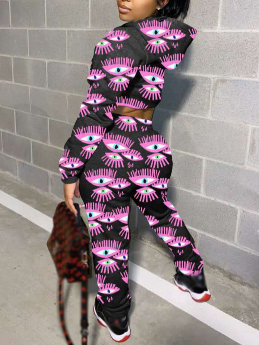 

lovely Sportswear Hooded Collar Eye Print Black Two Piece Pants Set