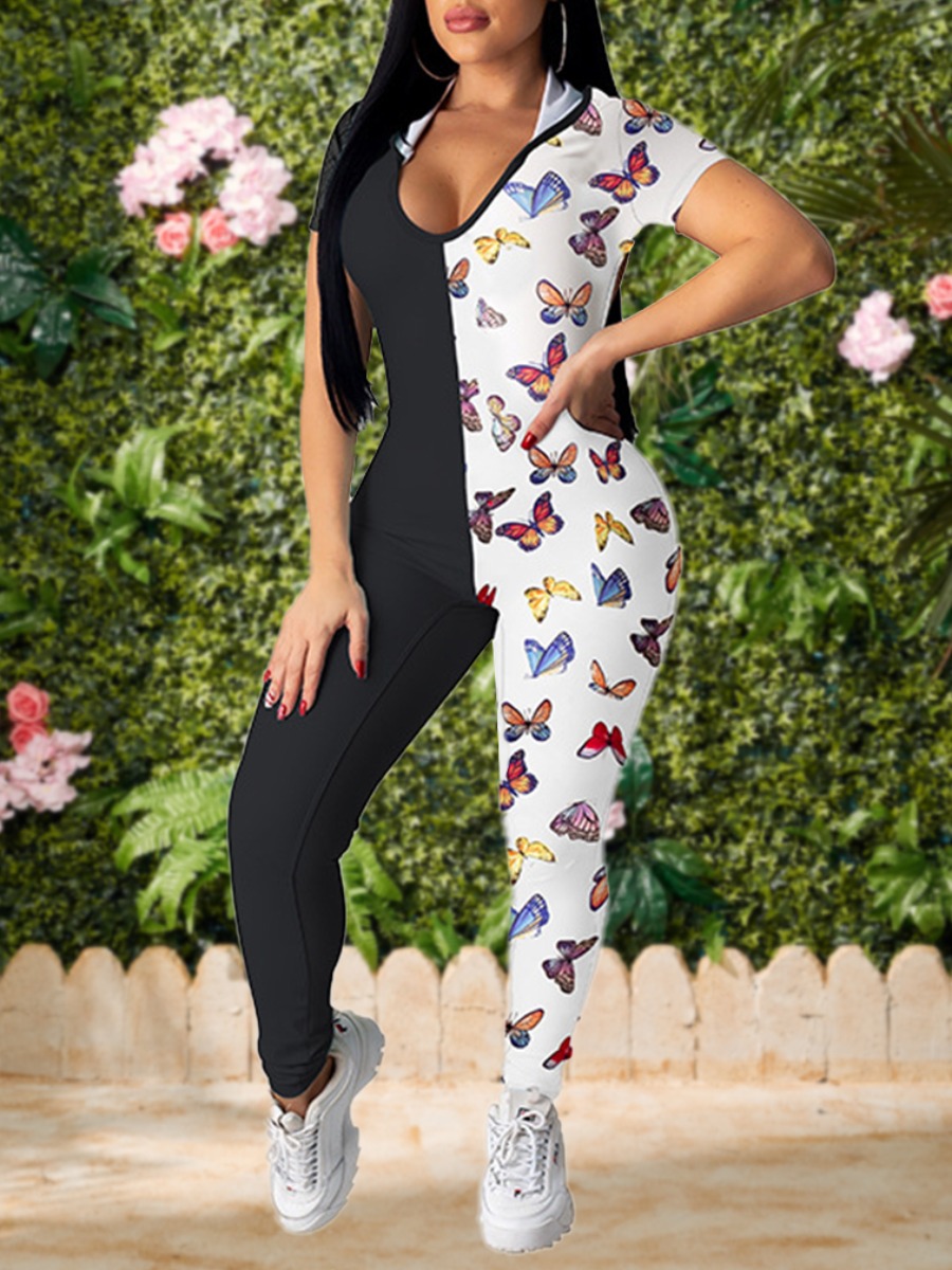 

lovely Street Hooded Collar Backless Butterfly Print Black One-piece Jumpsuit