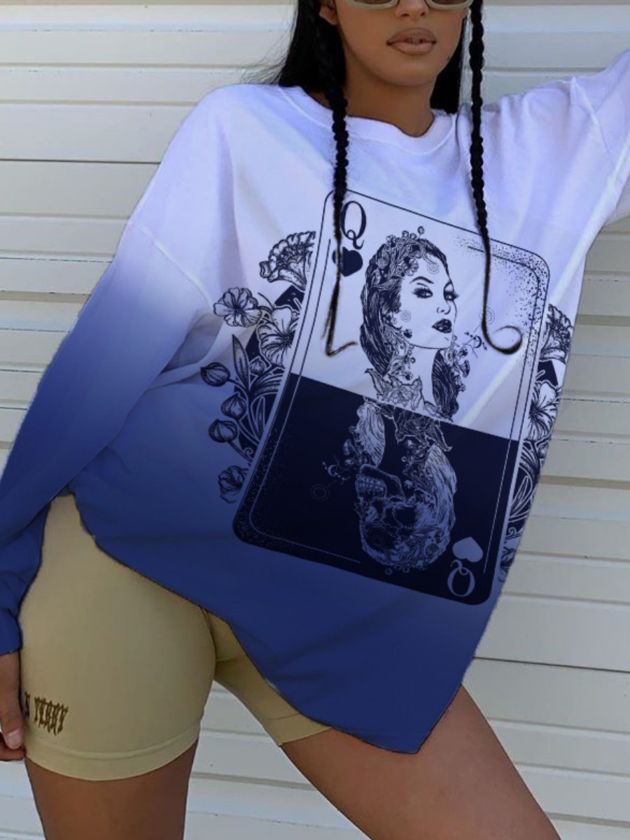 

lovely Leisure O Neck Gradient Print Blue Hoodie