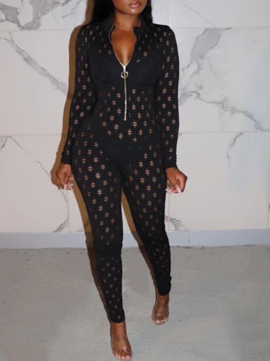 

lovely Trendy Hollow-out Zipper Design Black One-piece Jumpsuit