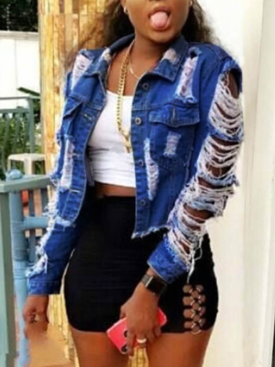 

LW Street Turndown Collar Broken Holes Deep Blue Denim Jacket