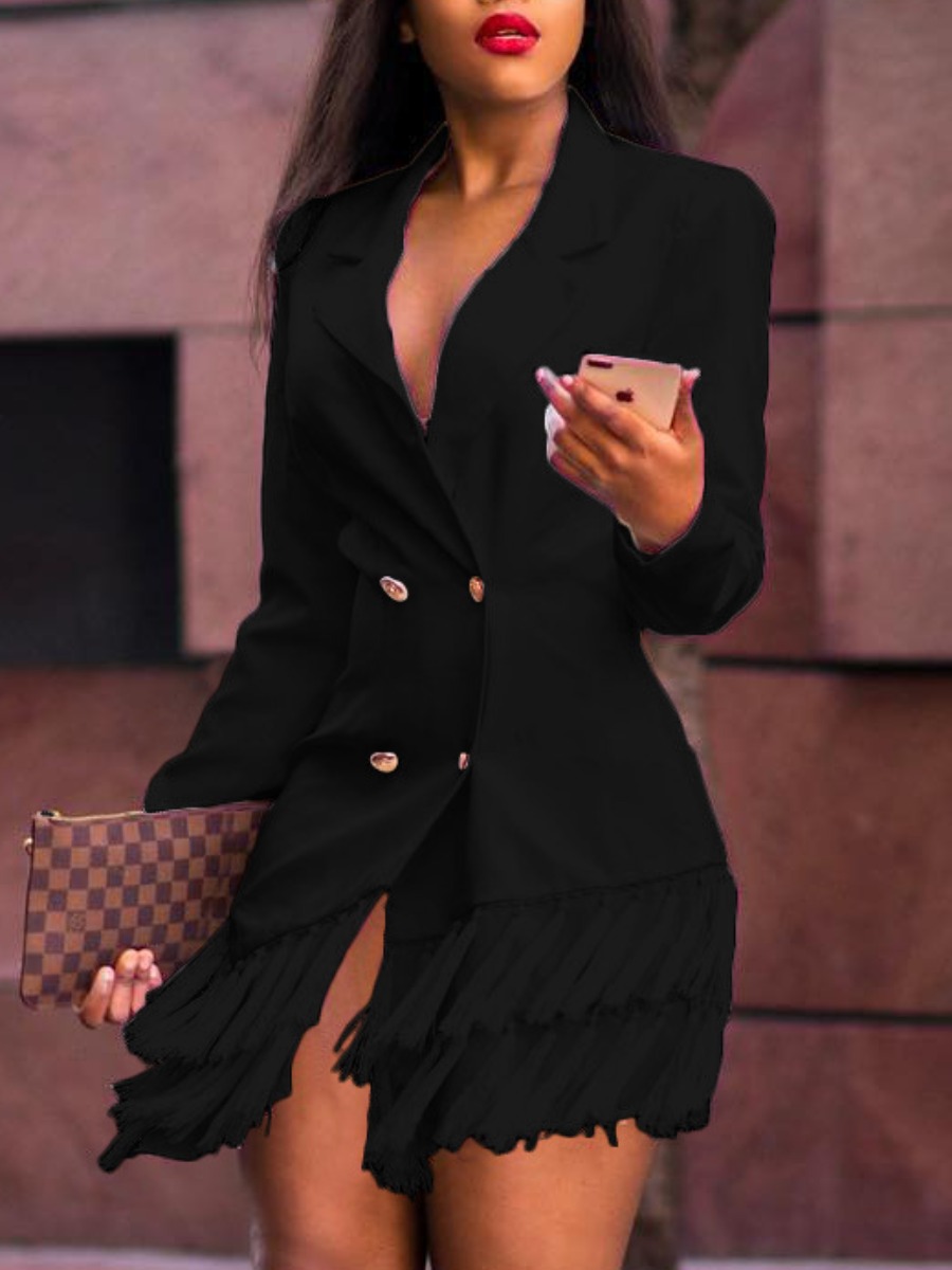 

lovely Trendy Buttons Tassel Design Black Blazer