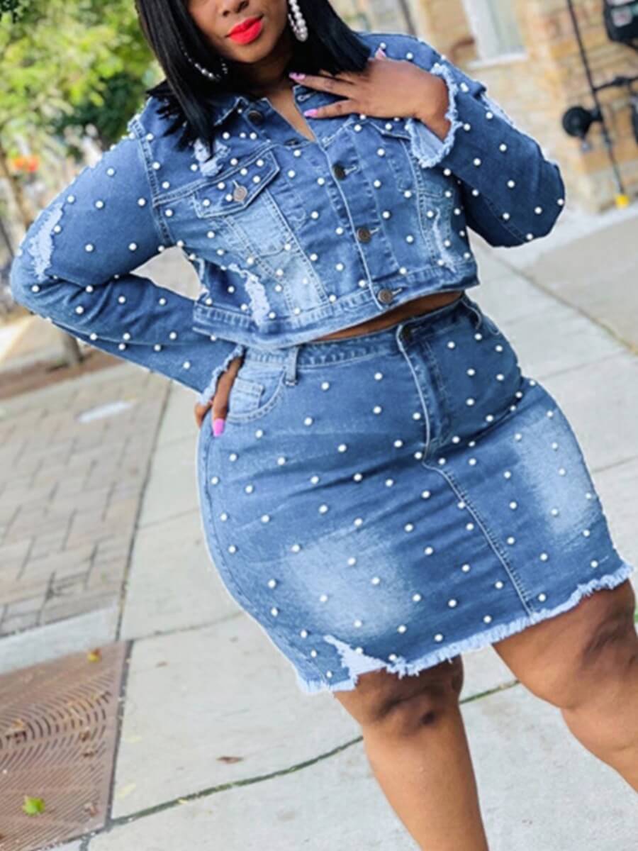 

Lovely Stylish Turndown Collar Nail Bead Design Baby Blue Plus Size Denim Two-piece Skirt Set