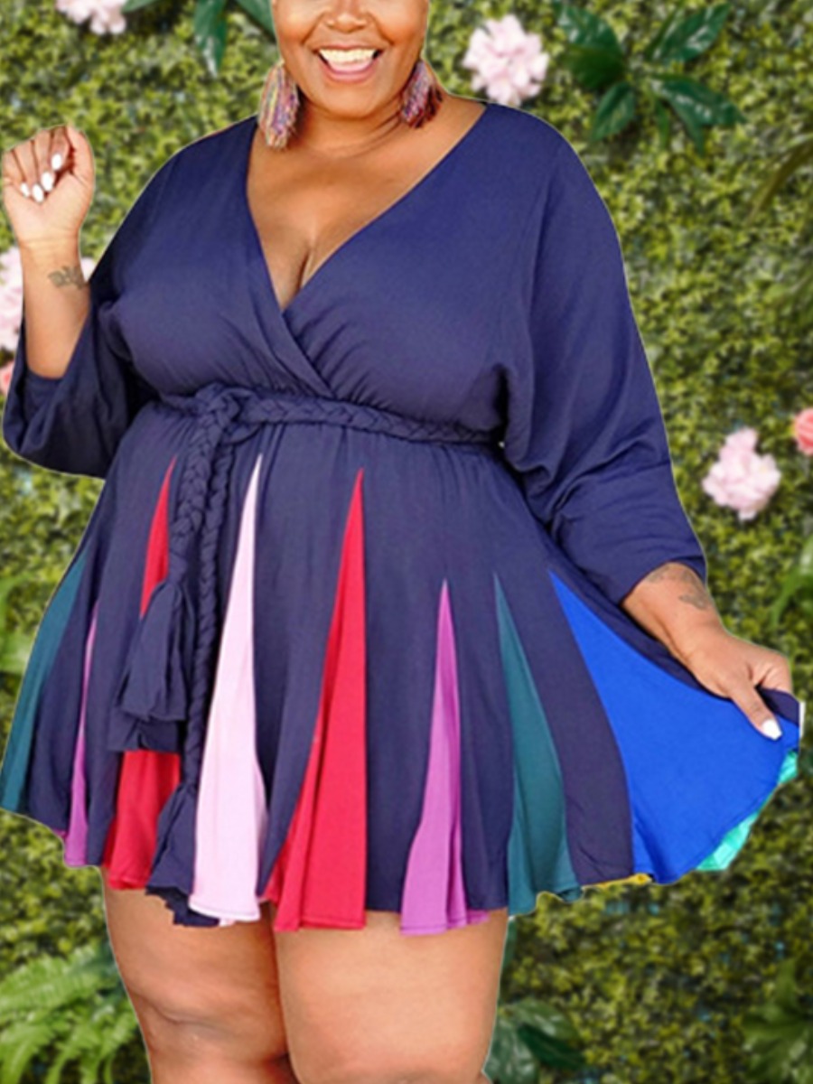 

lovely Trendy V Neck Patchwork Dark Blue Mini Plus Size Dress