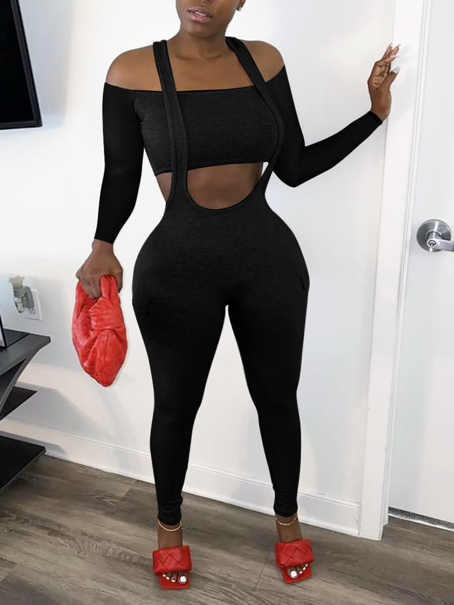 

Lovely Sexy Dew Shoulder Hollow-out Skinny Black Two Piece Pants Set