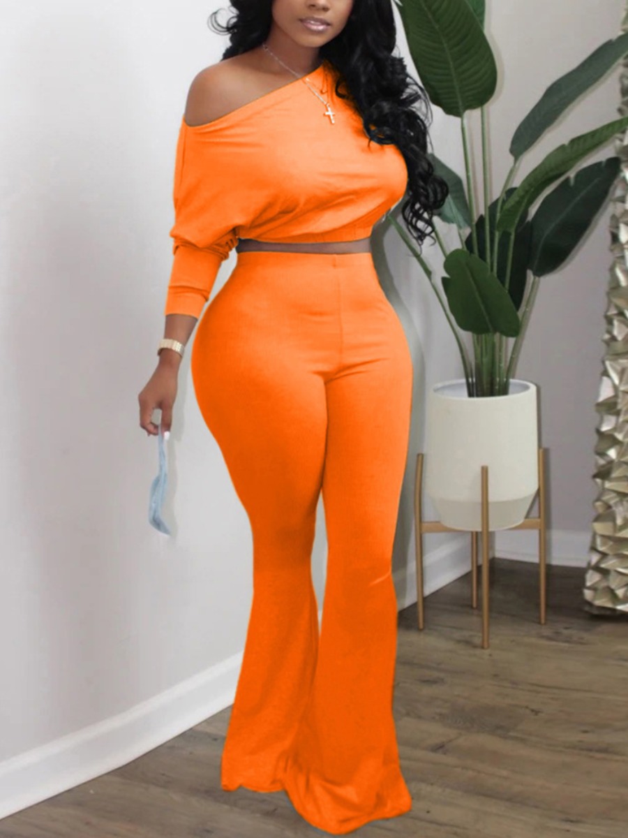 

Lovely Casual O Neck Flared Croci Plus Size Two-piece Pants Set