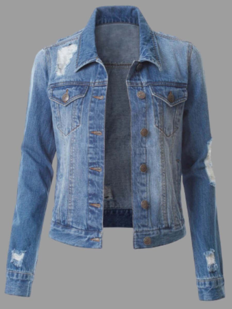

Lovely Casual Turndown Collar Broken Holes Deep Blue Plus Size Denim Jacket