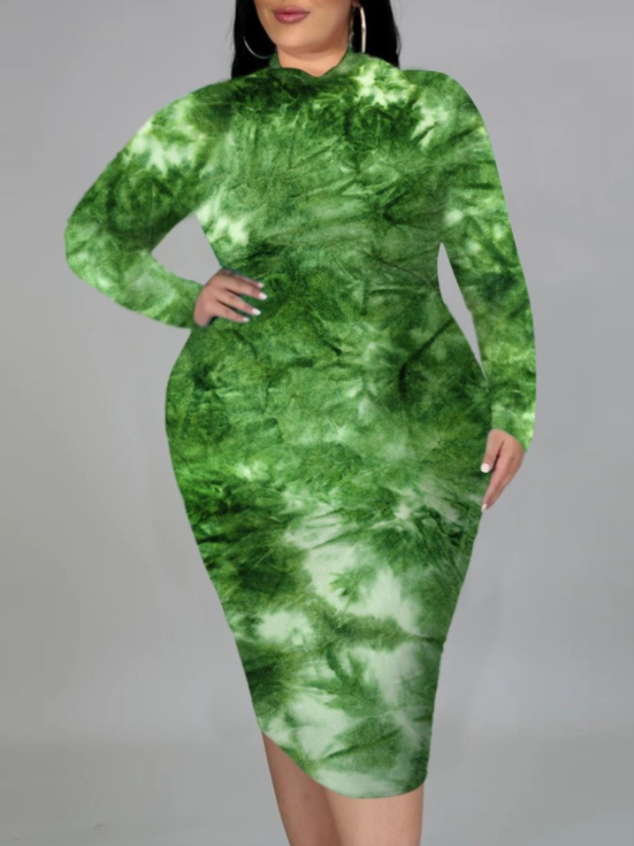 

lovely Trendy O Neck Tie-dye Green Knee Length Plus Size Dress