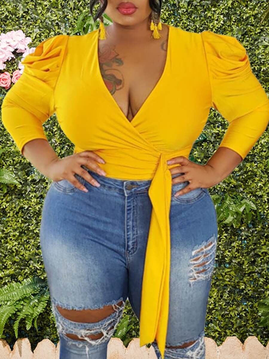 

Lovely Trendy V Neck Lace-up Yellow Plus Size Blouse