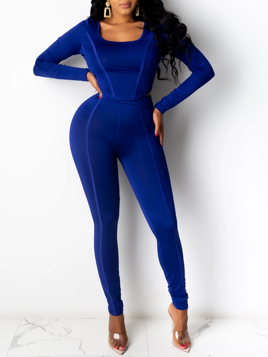 

lovely Sportswear U Neck Patchwork Blue Two Piece Pants Set