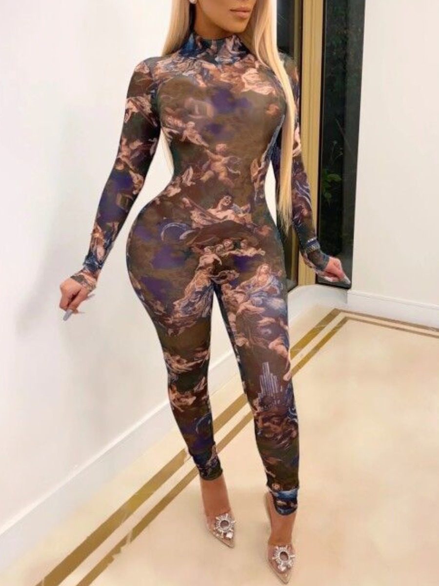 

lovely Trendy Print Skinny Brown One-piece Jumpsuit