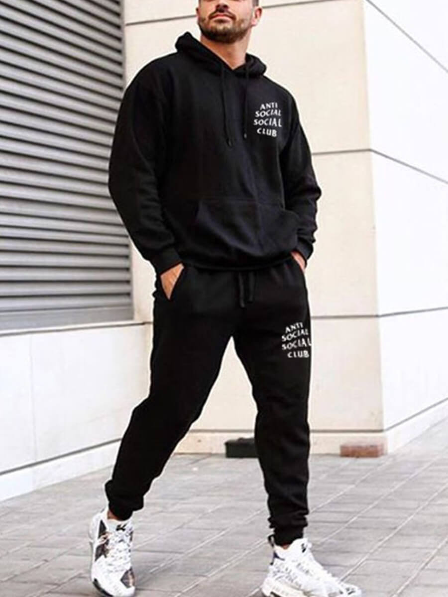 

LW Men Hooded Collar Letter Print Black Oversized Pants Set