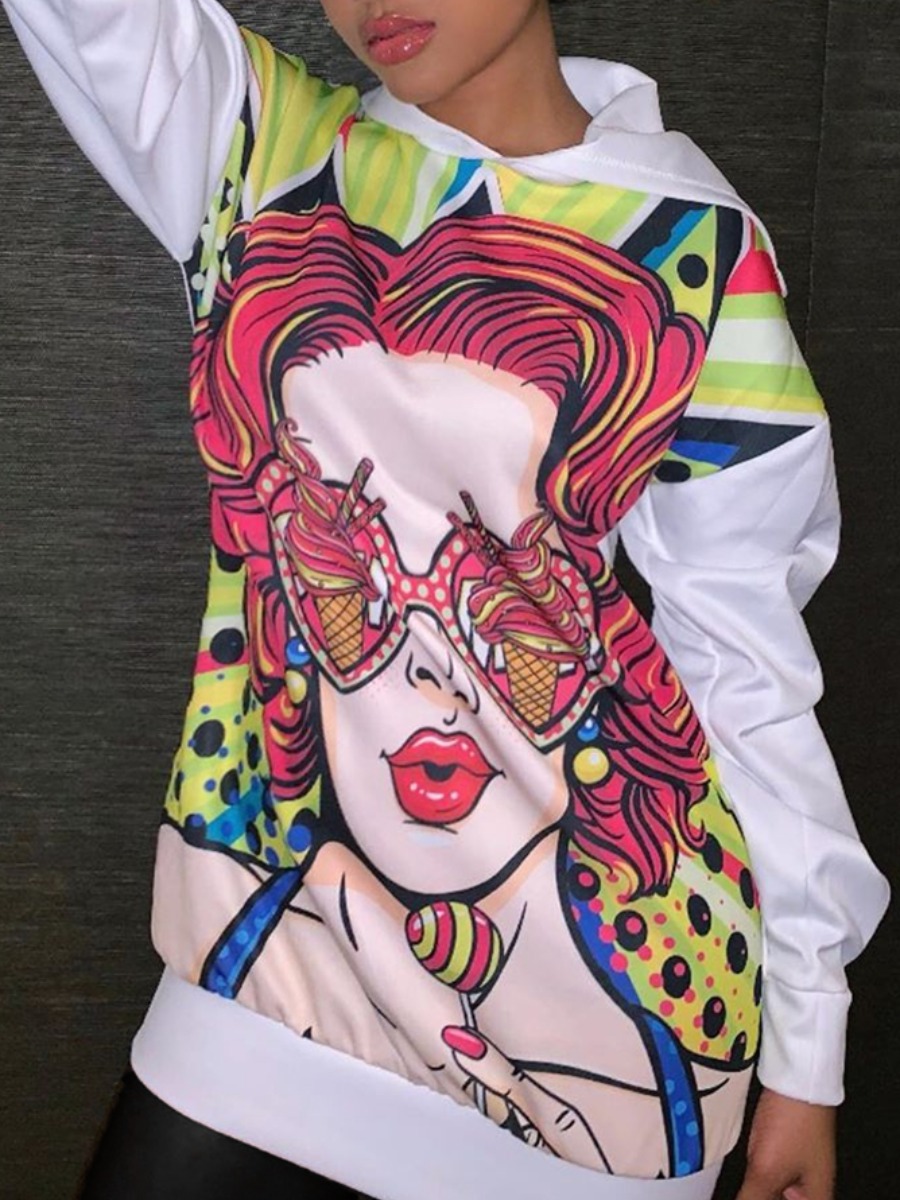 

lovely Street Hooded Collar Print White Hoodie