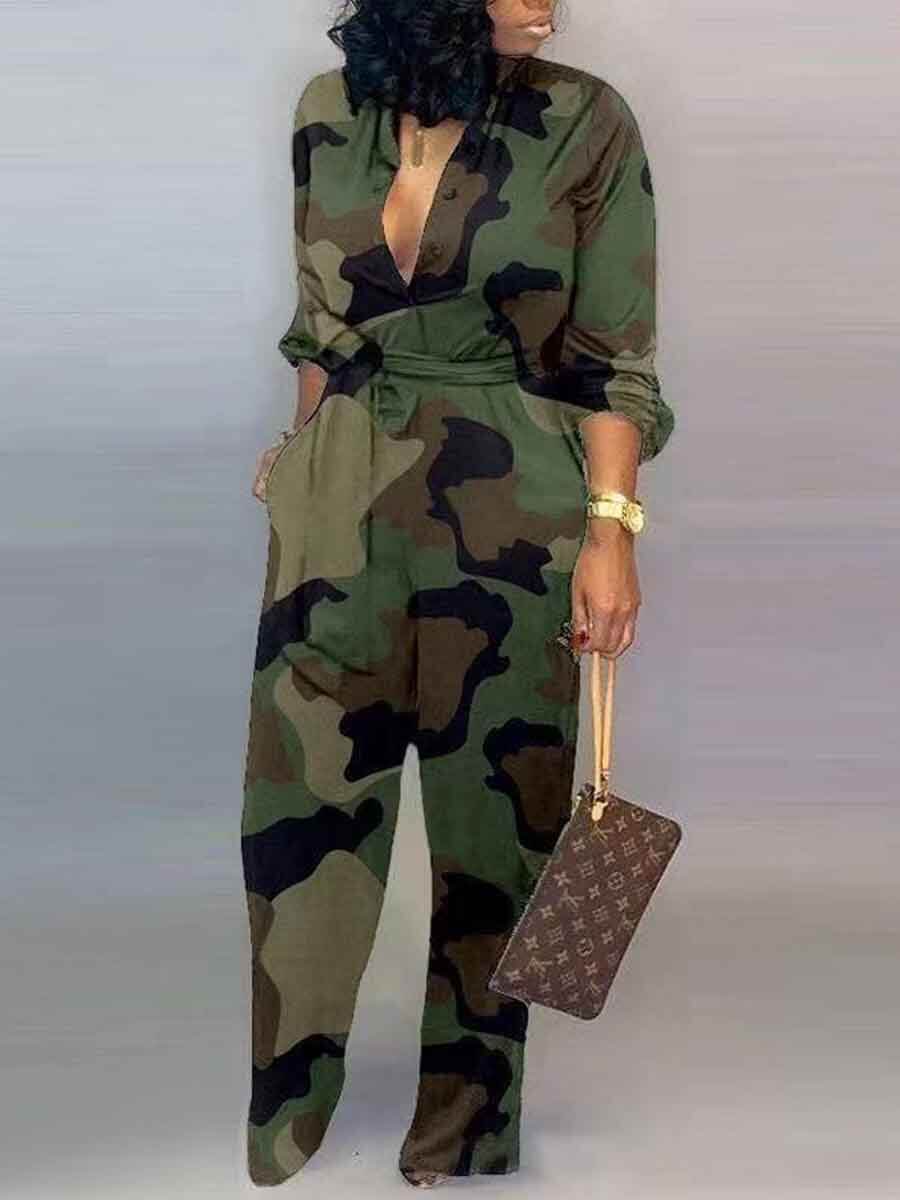 LW Casual Camo Print Army Green Jumpsuit