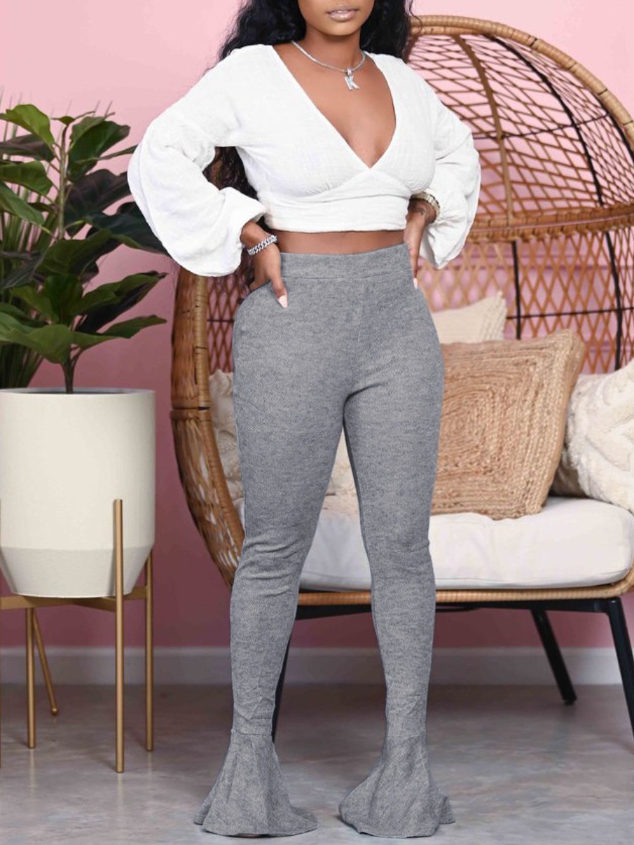 

lovely Trendy Deep V Neck Skinny Grey Two Piece Pants Set