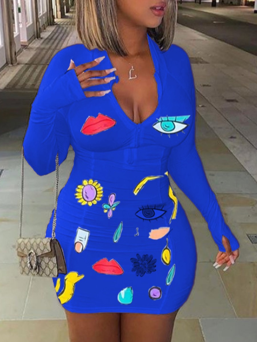 

Lovely Sportswear Zipper Design Print Blue Mini Dress