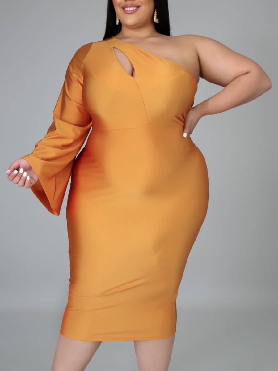 

lovely Trendy One Shoulder Hollow-out Gold Mid Calf Plus Size Dress