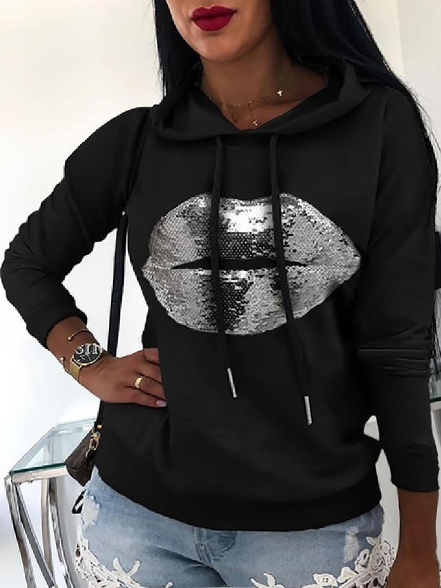 

Lovely Casual Hooded Collar Lip Print Black Plus Size Hoodie
