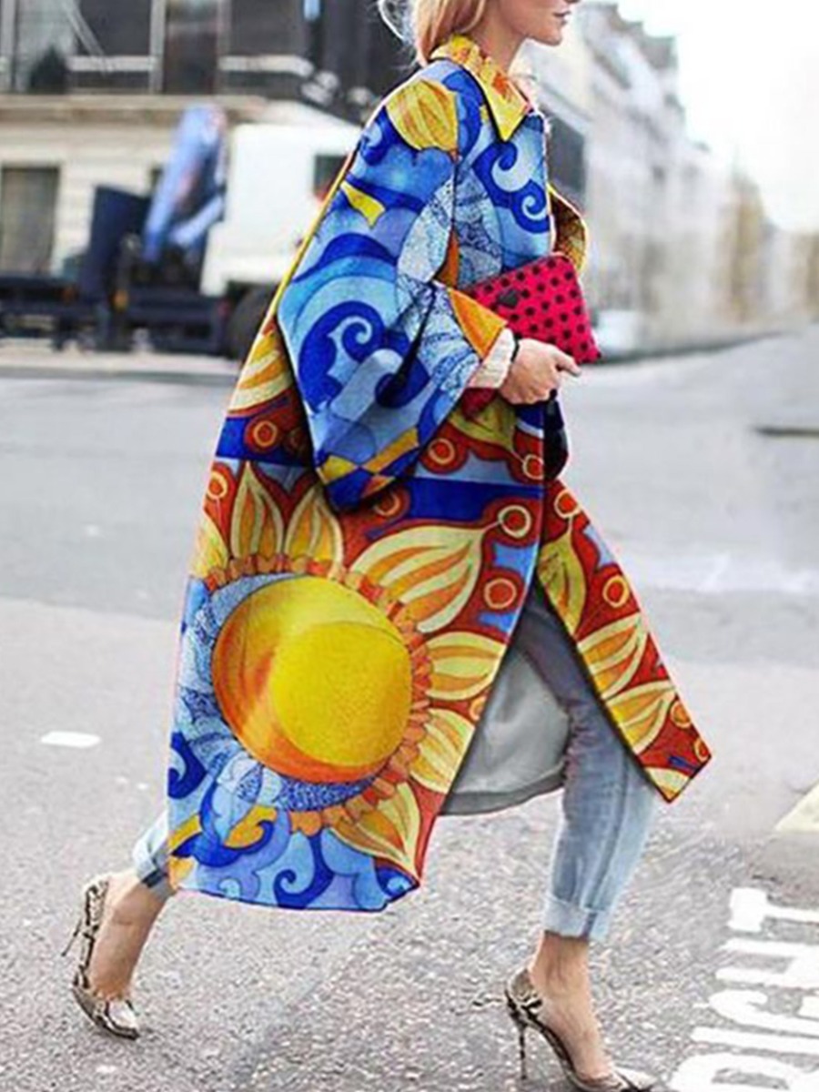 

Lovely Trendy Turndown Collar Print Multicolor Long Plus Size Trench Coat, Multi