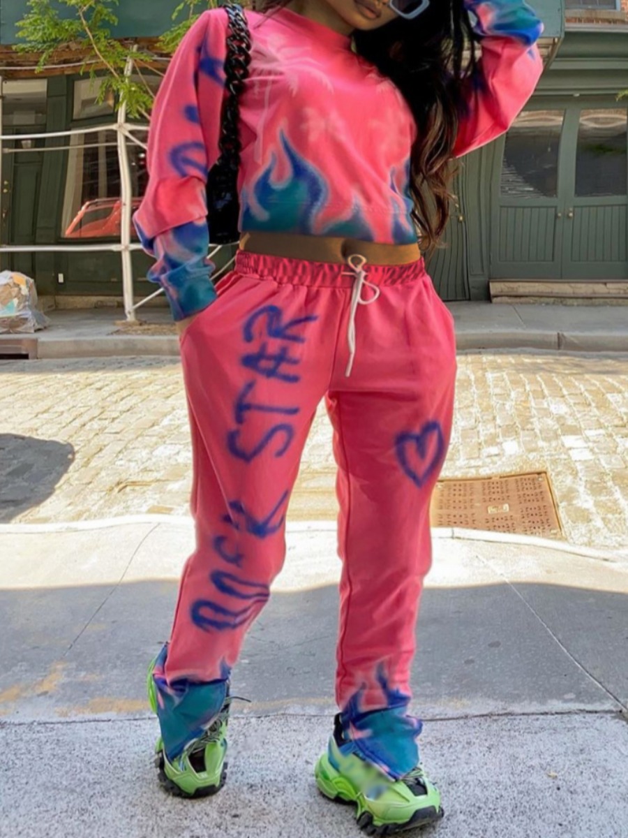 

lovely Leisure O Neck Letter Print Pink Two Piece Pants Set