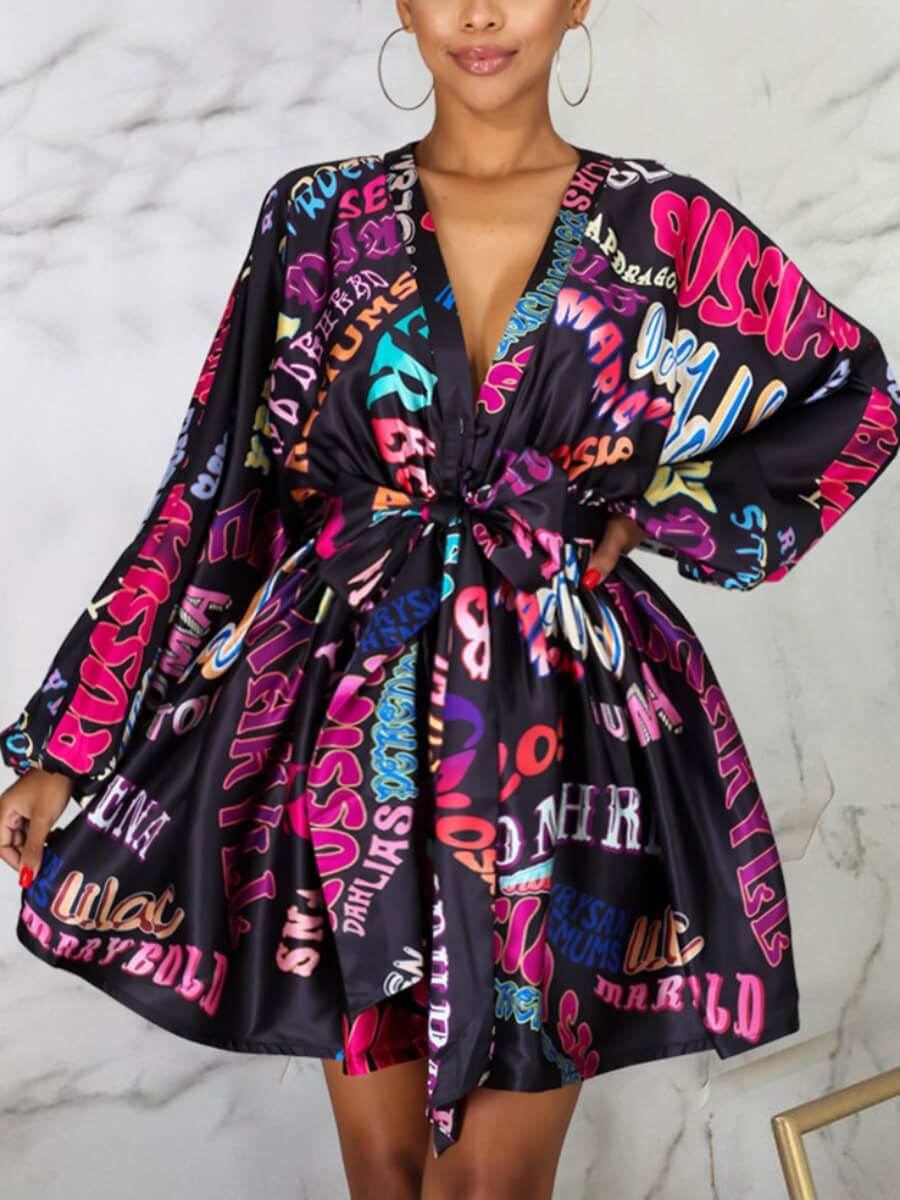 

Lovely Street V Neck Letter Print Black Mini Plus Size Dress