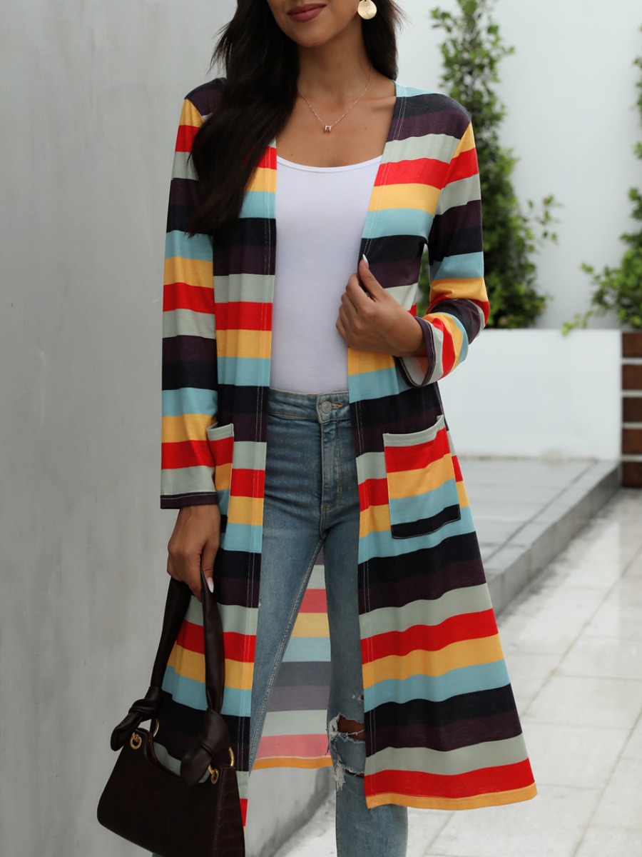 

lovely Casual Striped Red Long Coat