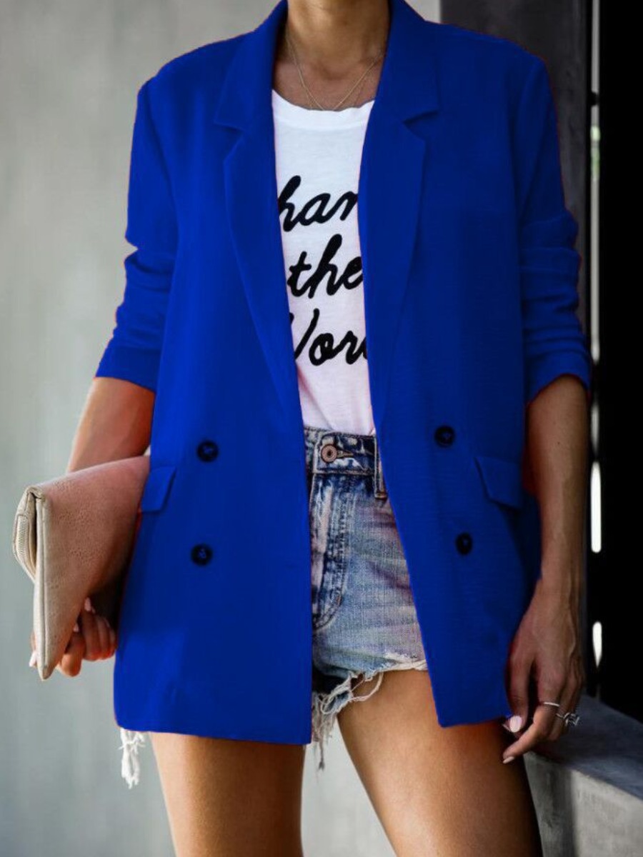 

lovely Trendy Turn-back Collar Buttons Design Blue Blazer