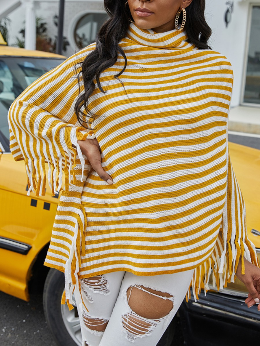 

Lovely Trendy Turtleneck Striped Tassel Design Yellow Sweater