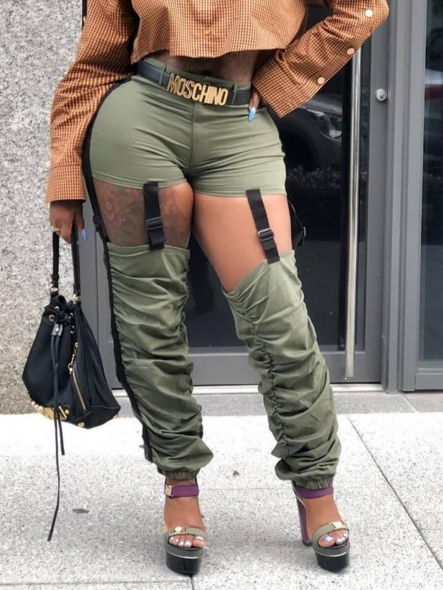 

LW SXY Street Fold Design Hollow-out Army Green Pants