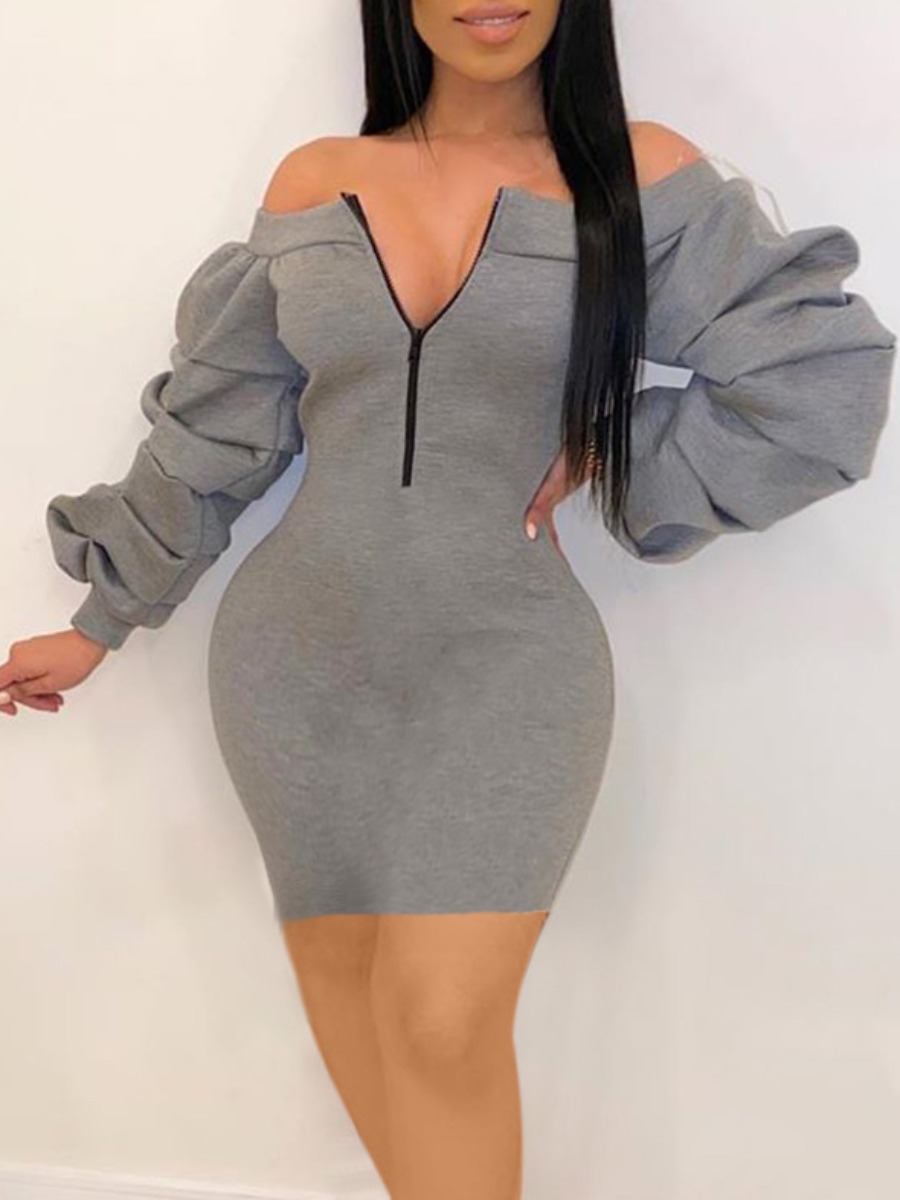 

lovely Sportswear Dew Shoulder Fold Design Grey Mini Dress