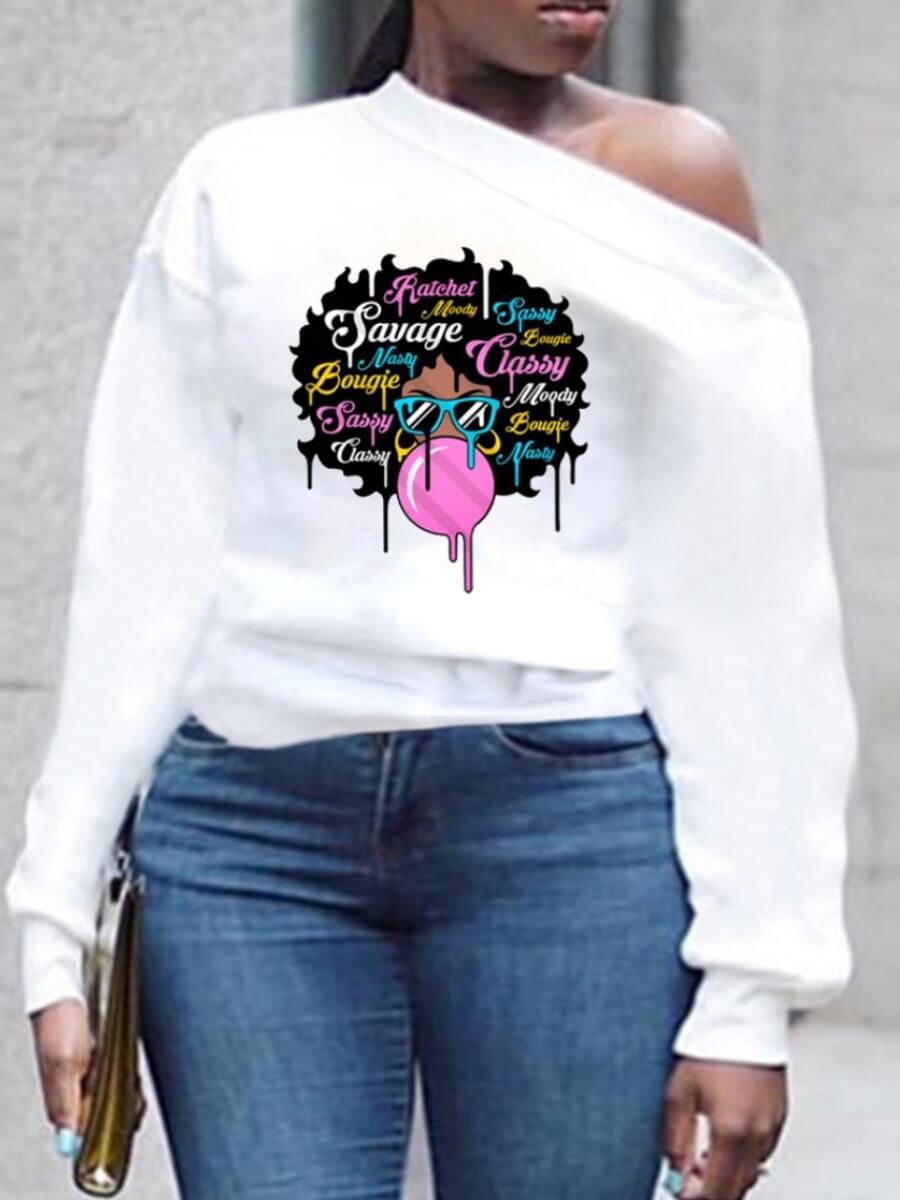 

LW Plus Size O Neck Print White Hoodie