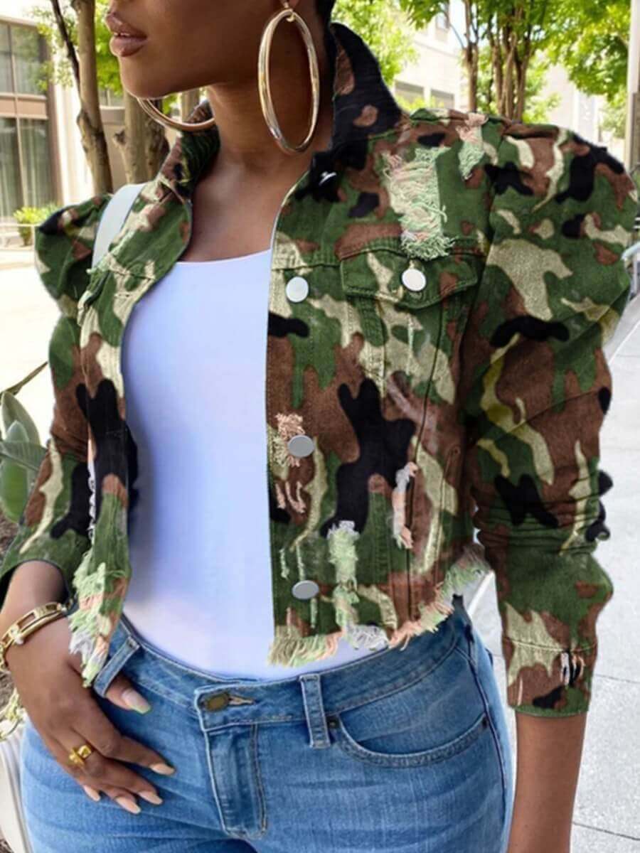 

Lovely Leisure Turndown Collar Camo Print Plus Size Denim Jacket