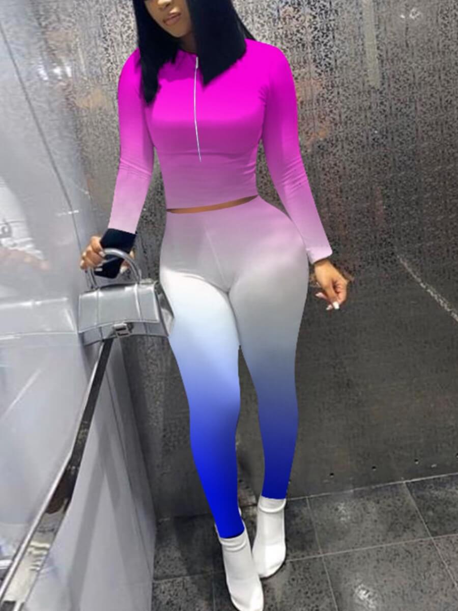 

LW Trendy Gradient Zipper Design Purple Two Piece Pants Set