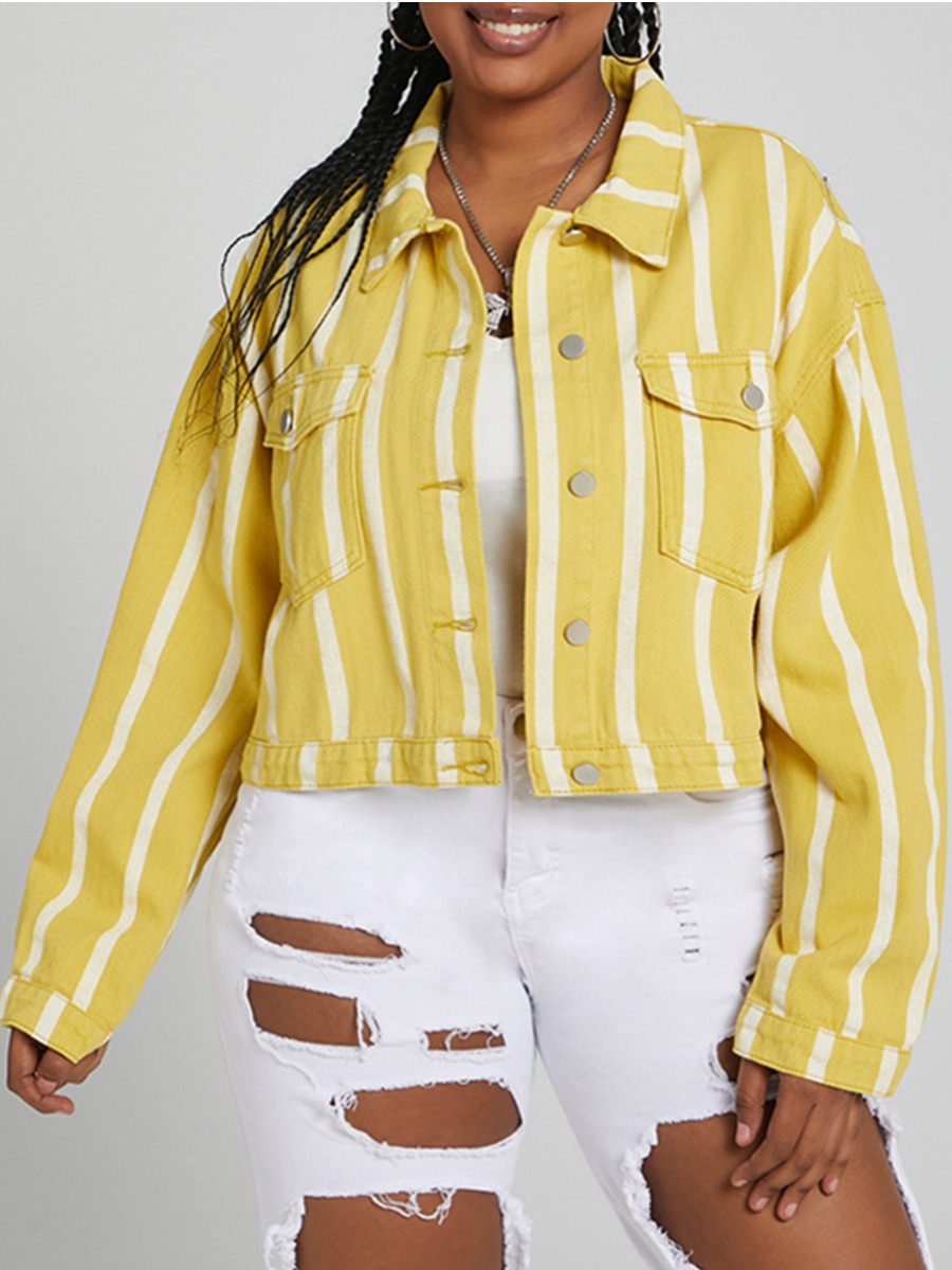 

lovely Casual Turndown Collar Striped Yellow Jacket