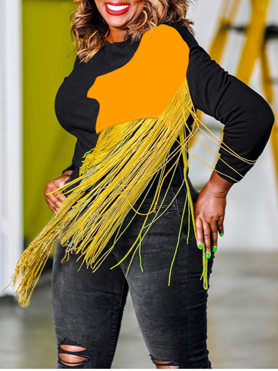 

Lovely Stylish O Neck Patchwork Tassel Design Black Hoodie