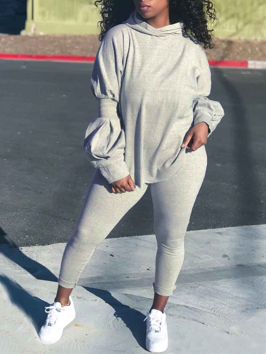 

Lovely Casual Hooded Collar Puffed Sleeves Grey Two Piece Pants Set