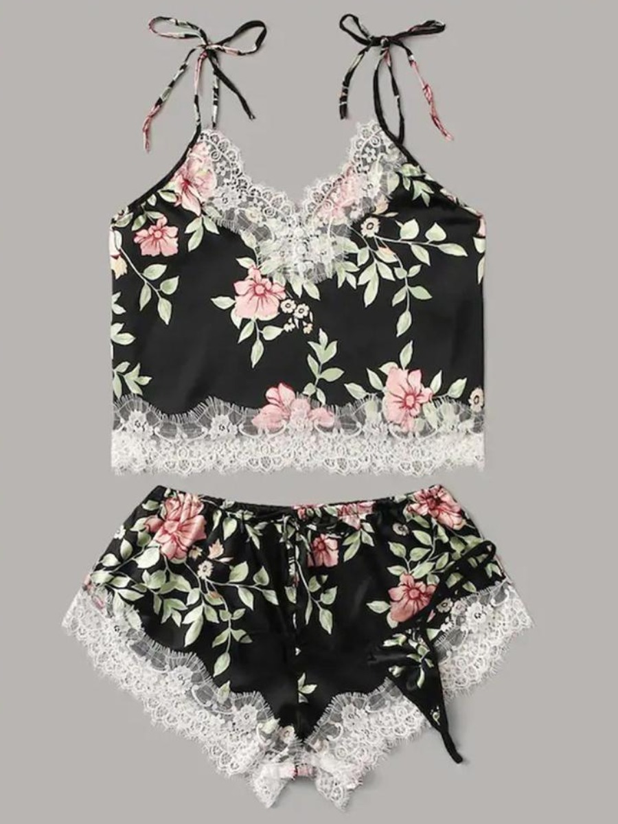 

lovely Sexy Plants Print Patchwork Black Sleepwear