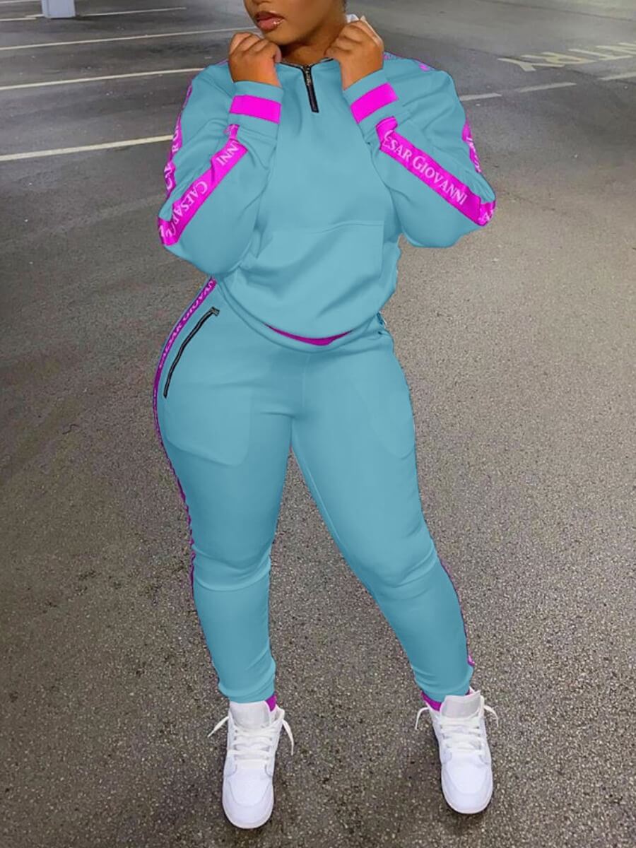 

Lovely Sportswear Turndown Collar Zipper Design Patchwork Blue Two Piece Pants Set